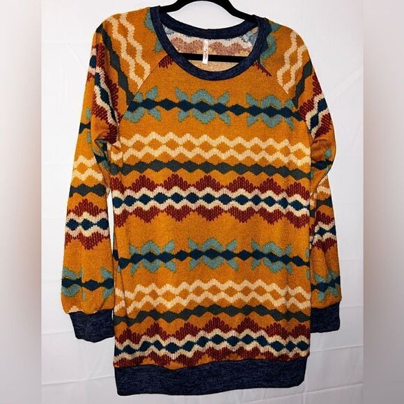My Story Aztec Scoop Neck Sweater- Yellow/Navy Blue Size Large - Picture 1 of 8